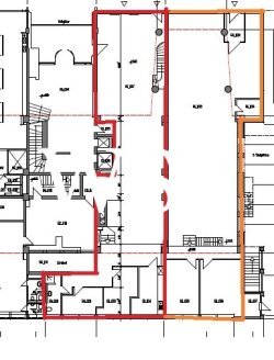 Grundriss (rot: aktueller Stand; orange: Ausbaumöglichkeit)